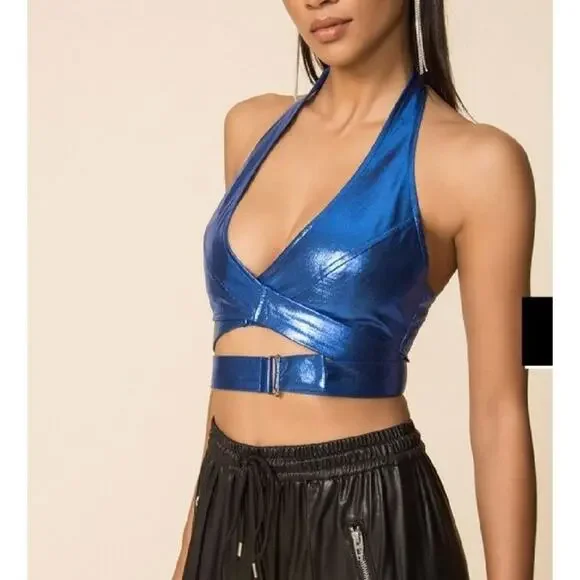 Superdown - Deanna Halter Wrap Top in Metallic Blue - Picture 4 of 4